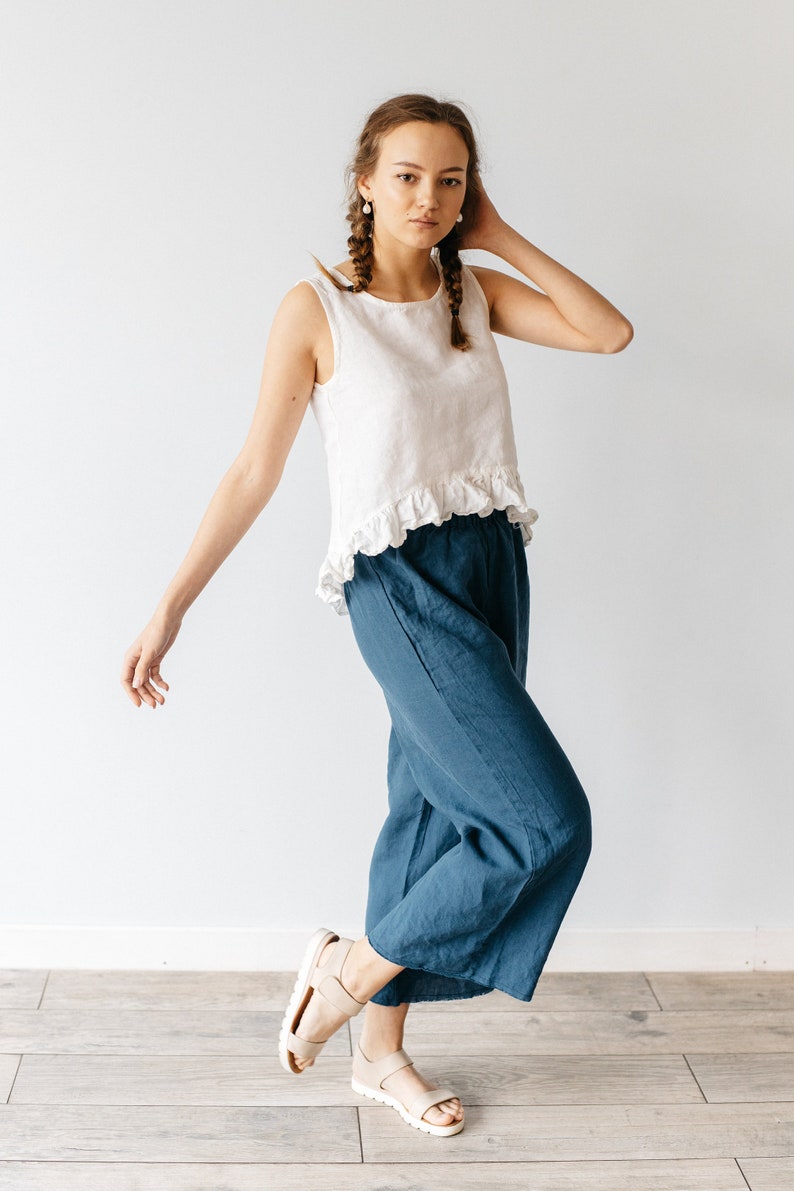 Jupe-culotte en lin à bords francs et taille haute, pantalon en lin pour femme, pantalon en lin coupe décontractée, jupe-culotte ample en lin doux, cadeau pour femme image 8