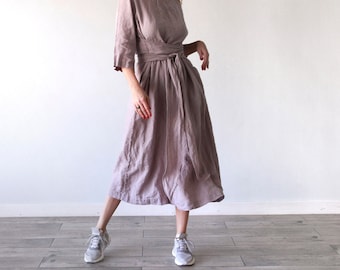 LINEN DRESS midi dress/ long dress / waist dress , Long plus size  Linen dress for woman / xs - xxxl / A dress / loungewear Len.Ok