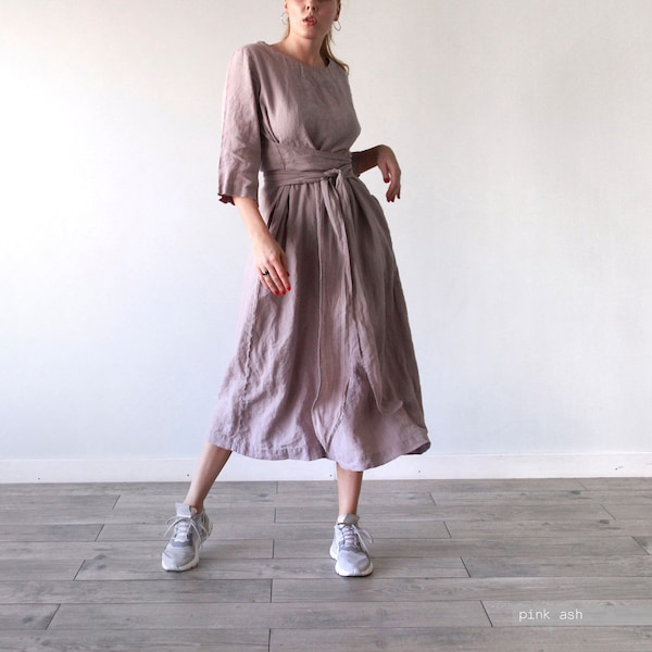 Linneklänning med midiklänning och bälte: Stor passform, Plus size loungewear