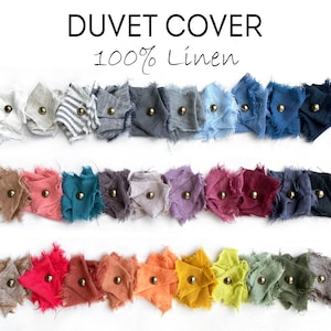 May include: A collection of 100% linen duvet cover fabric swatches in various colors. The swatches are arranged in three rows, with each row featuring a different color palette. The swatches are all frayed at the edges and have a small brass button in the center.