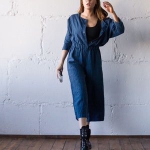 LINEN JUMPSUIT , linen jumpsuit women, black linen jumpsuit, linen xl jumpsuit women, button linen jumpsuit women, simple linen jumpsuit image 8