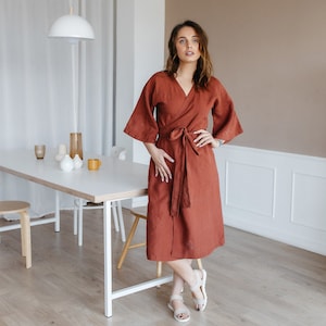 LINEN WRAP DRESS v neck dress, linen kimono dress in spice color with belt, midi dress for women image 9