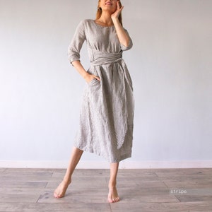 LINEN DRESS midi dress/ long dress / waist dress , Long plus size Linen dress for woman / xs xxxl / A dress / loungewear Len.Ok image 8