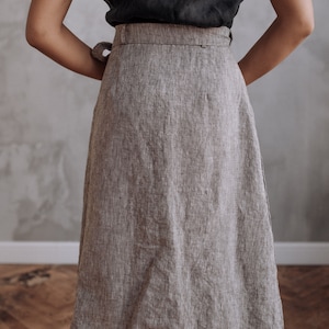 Tie-belt linen skirt with slit, below the knee skirt image 4