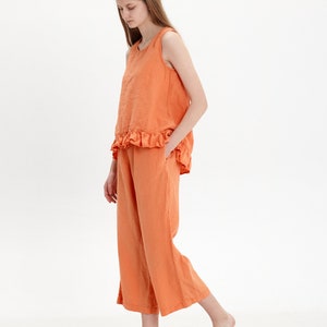 Linen Pajama Set: Sleeveless Ruffle Top & Capri Pants image 3