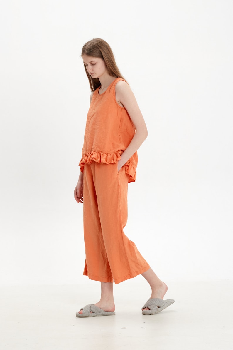 Linen Pajama Set: Sleeveless Ruffle Top & Capri Pants image 3