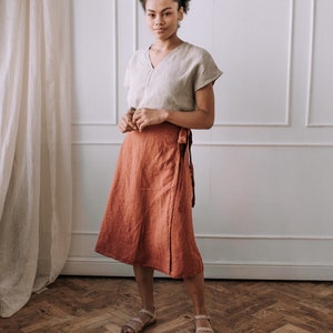 Linen A-line skirt with ties, linen wrap skirt, orange skirt midi. image 9