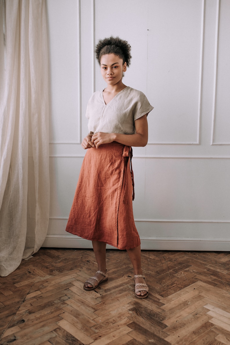 Linen A-line skirt with ties, linen wrap skirt, orange skirt midi. image 9