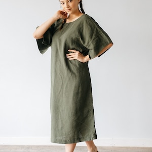 LINEN DRESS With Long Textile Belt in Green Color, Half Sleeve Dress ...