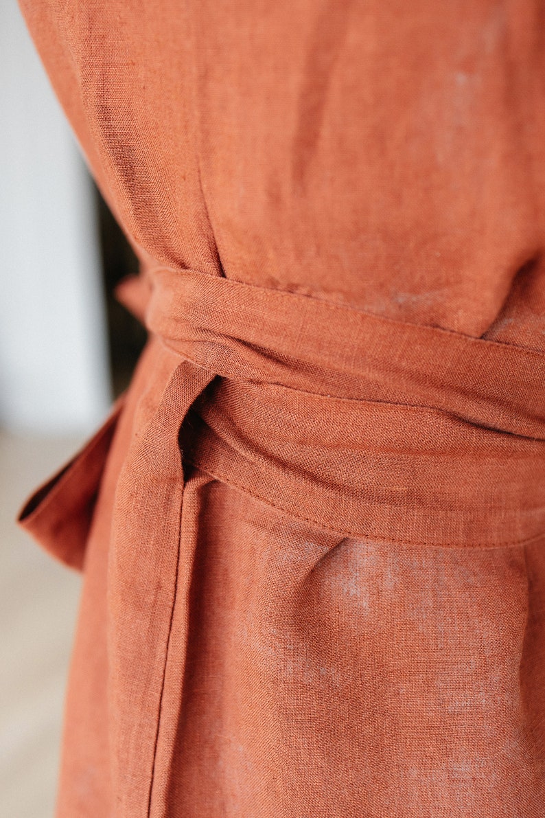 LINEN WRAP DRESS v neck dress, linen kimono dress in spice color with belt, midi dress for women image 8