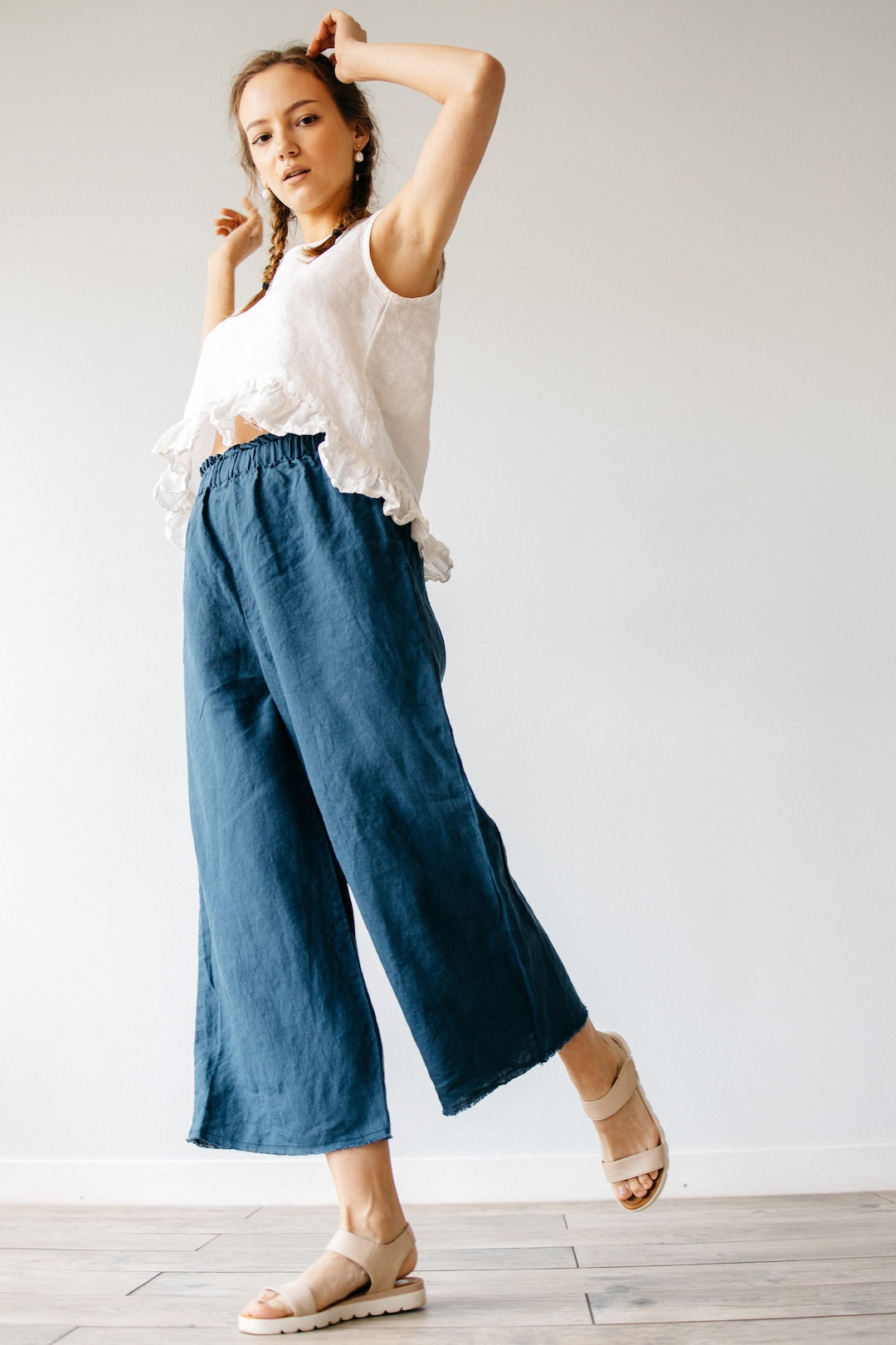 High Waist Linen Culottes: Raw Edge Relaxed Fit Pants