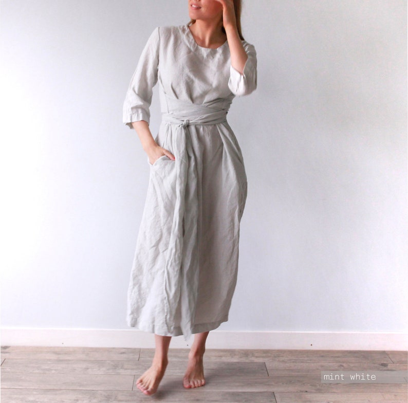 MAXI DRESS, pure linen dress, plus size dress, plus size clothing, long sleeve dress, obi belt dress, pure linen dress image 7