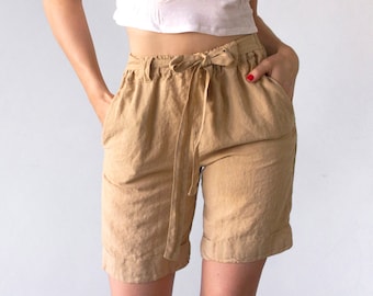 SHORT EN LIN POUR FEMME, short taille haute, short pour femme, short butin, short large pour femme, short de yoga, short à cordon de serrage pour femme