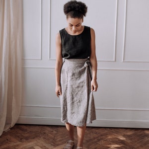 Tie-belt linen skirt with slit, below the knee skirt image 9