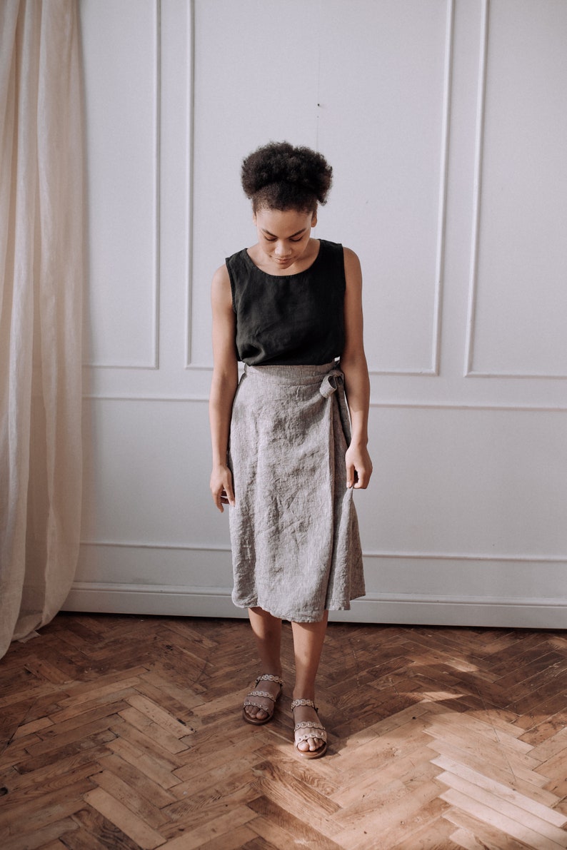 Tie-belt linen skirt with slit, below the knee skirt image 9