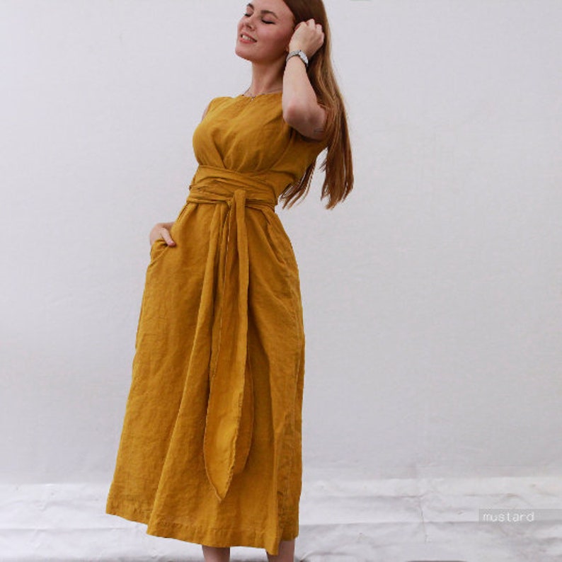 SLEEVELESS DRESS 100% linen with a wide belt, linen summer dress, natural linen dress, casual dress image 3