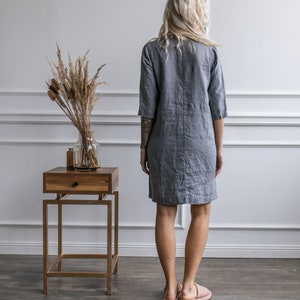 Linen Dress with Pockets: Gray Split Neck 3/4 Sleeve Shift Dress image 7