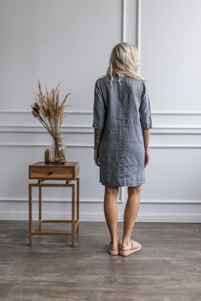 Linen Dress with Pockets: Gray Split Neck 3/4 Sleeve Shift Dress image 7