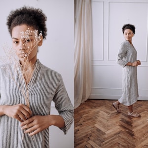 Linen Long Shirt Dress With 3/4 Sleeve - Linen Tunic Relaxed