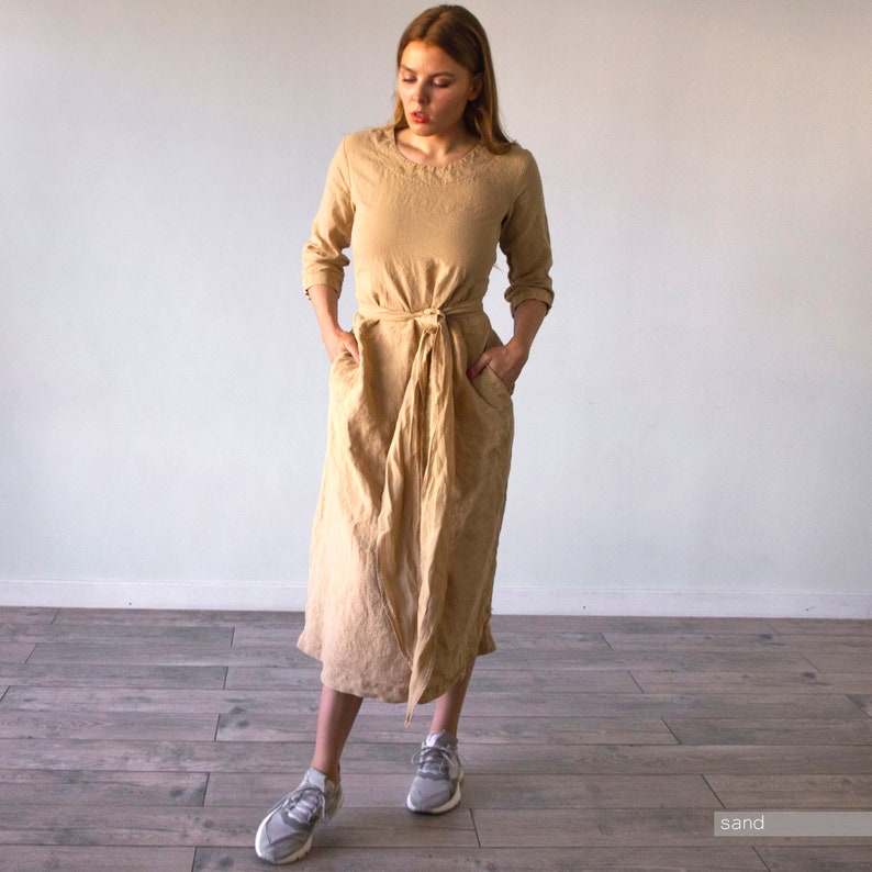 LINEN DRESS for women, black linen dress, linen dress pockets, organic linen dress, linen dress with sleeves, plus size linen dress, Len.Ok image 7