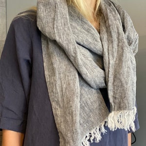 Linen Scarves in 31 colors, linen gift for her, natural lightweight linen unisex scarf, melange scarf, gray scarf, black scarf, brown scarf image 6