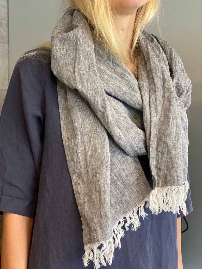 Linen Scarves in 31 colors, linen gift for her, natural lightweight linen unisex scarf, melange scarf, gray scarf, black scarf, brown scarf image 6