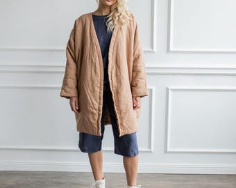 Linen Quilted Cardigan: Oversize Padded Wrap Blazer