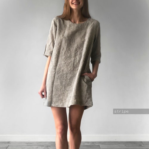Striped Washed Linen Mini Dress with Pockets Striped Washed Linen Mini Dress with Pockets