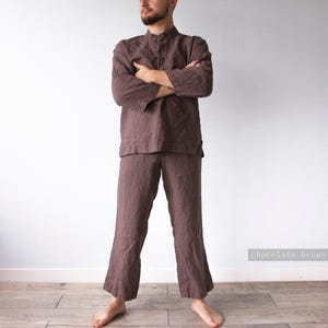 Leinen Herren Pyjama Set: Braune Leinen Nachtwäsche