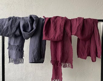 Softened Linen Scarf with Fringe: Lightweight Organic Wrap