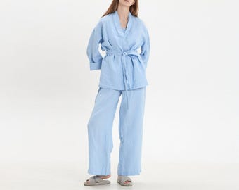 Linen Pajama Set Women: Organic Robe, Top & Bottoms