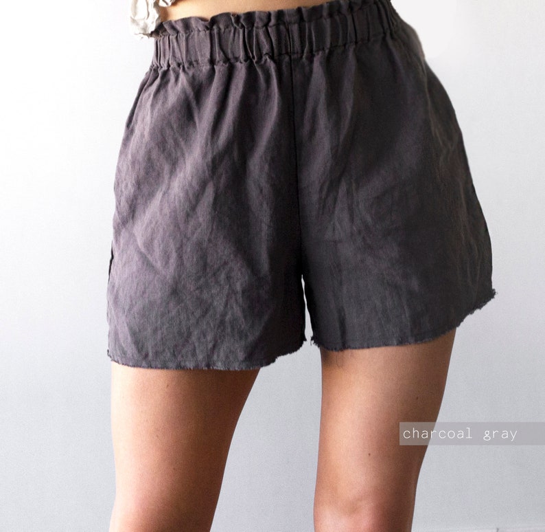 HOGE TAILLE SHORTS, zwarte shorts, linnen shorts, linnen pyjama's, linnen shorts dames, zomer linnen shorts, strandshorts, natuurlijke linnen shorts afbeelding 1