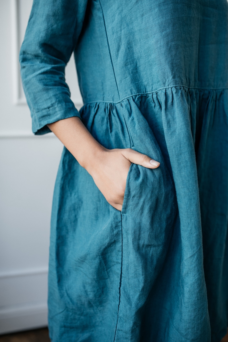 Linen Dress With Pockets Linen Loose Fit Dress Linen Midi Etsy