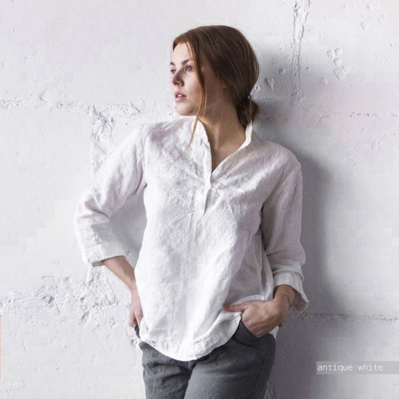 thumbnail image 2 of Women's Linen Shirt With 3/4 Sleeves - V Neck Button Down Loose Fit Blouse For Seniors 2 of 14