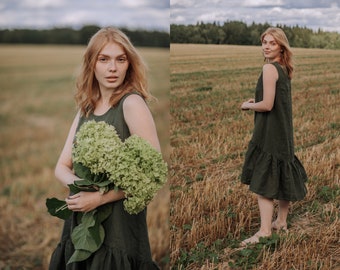 Sleeveless Linen Flounce Dress: Loose Fit, Comfortable Mid-Length