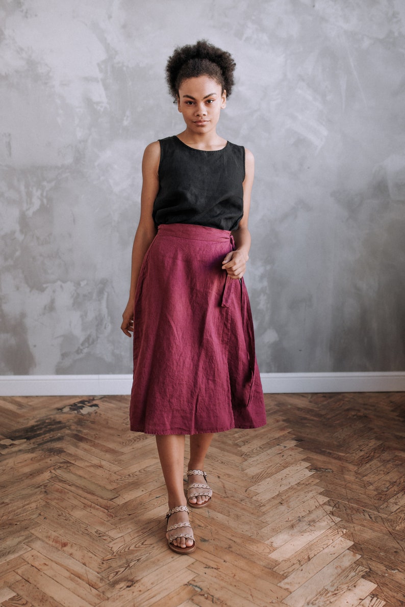 Wrap Skirt Linen with ties. Mid-calf length. Purple skirt, black skirt, green skirt, many colors are available image 2