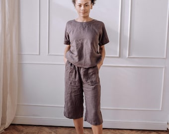 Linen Pajama Set: Women's Cropped Pants & Short Sleeve Tee