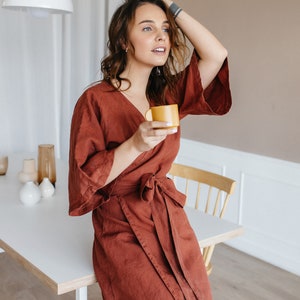 LINEN WRAP DRESS v neck dress, linen kimono dress in spice color with belt, midi dress for women image 7