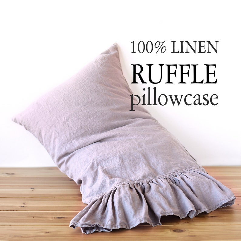 Linen PILLOW CASE with RUFFLES on one side StoneWashed Soft Queen linen pillowcase, King pillow sham Square pillowcase Lumbar Body pillow image 1