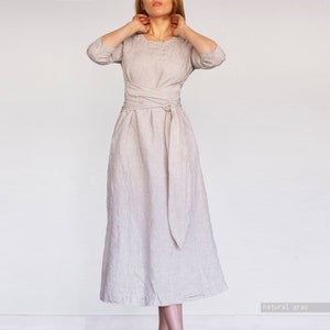 LINEN DRESS long midcalf belt dress / Linen long dress / Long Linen dress for woman / waist belt dress/ A dress / loungewear Len.Ok image 5