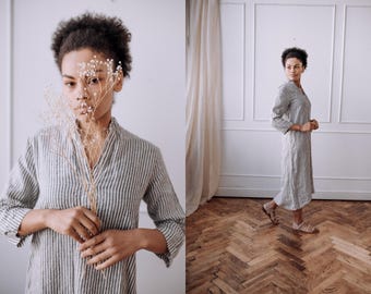 Linen Maxi Shirt Dress: Relaxed Fit 3/4 Sleeve Tunic