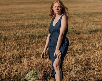 Linen slip dress sleeveless , slit dress with belt