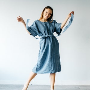 CASUAL LINEN DRESS in blue with V neck on back, organic summer dress with sleeves, comfortable linen summer clothes, womens linen dress image 1