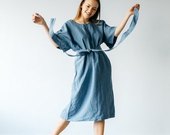 ROBE EN LIN CASUAL en bleu avec col V sur le dos, robe d’été biologique avec manches, vêtements d’été en lin confortables, robe en lin pour femmes