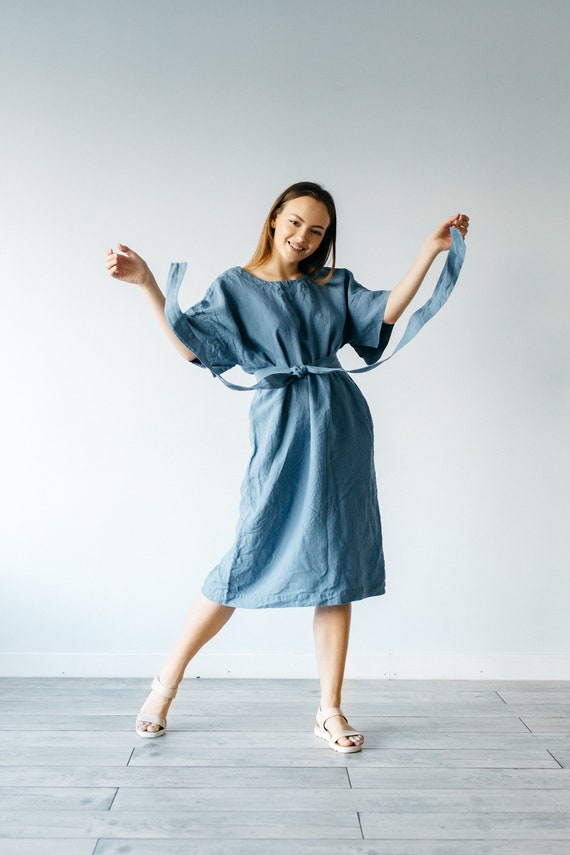 CASUAL LINEN DRESS in Blue With V Neck on Back Organic Summer Dress With Sleeves Comfortable Linen Summer Clothes Womens Linen Dress Etsy Ireland