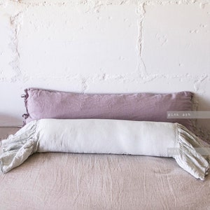 Linen Ruffle Bolster pillow cover, long round cushion cover, natural linen neckroll