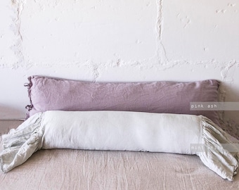 Linen Ruffle Bolster pillow cover, long round cushion cover, natural linen neckroll
