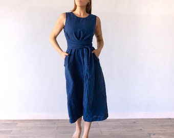 ÄRMELLOSES KLEID aus 100% Leinen mit einem breiten Gürtel, Leinensommerkleid, natürliches Leinenkleid, Freizeitkleid