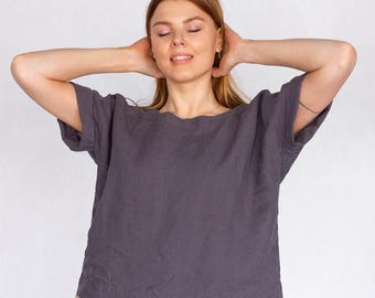 Oversized Linen Blouse: Short Sleeve Organic Top