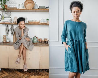 Loose Fit Linen Midi Dress with Pockets